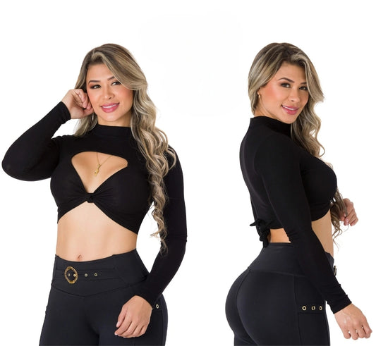 Blusa de manga larga (Negro) con cuello redondo