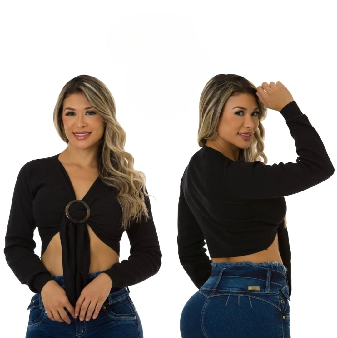 Blusa Manga Larga con anillo delante(Negro)