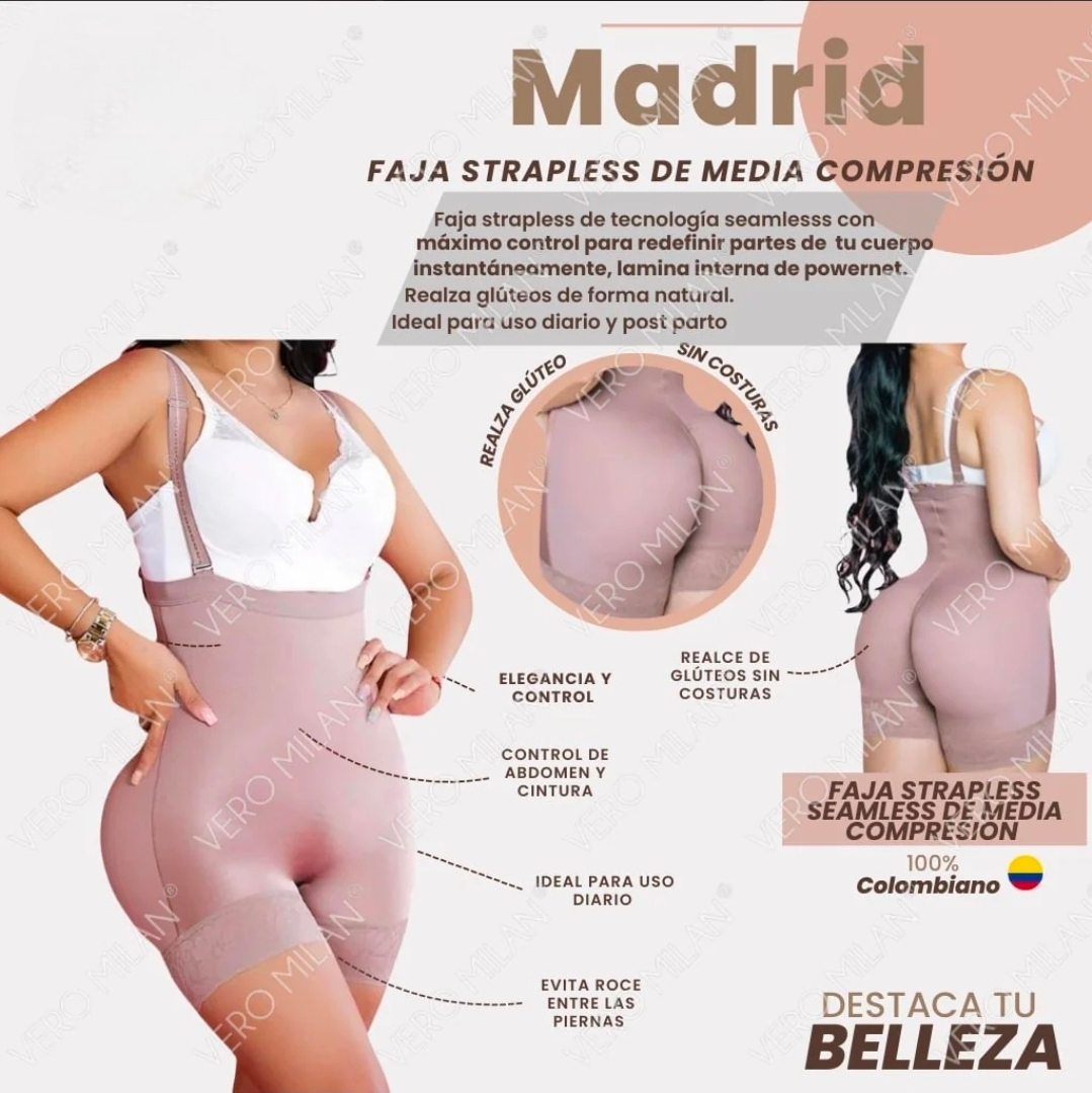 Faja Madrid 100% Colombiana sin Costura en área de los glúteos para mayor realce y comida,Invisible debajo de la ropa(Media Compresión)