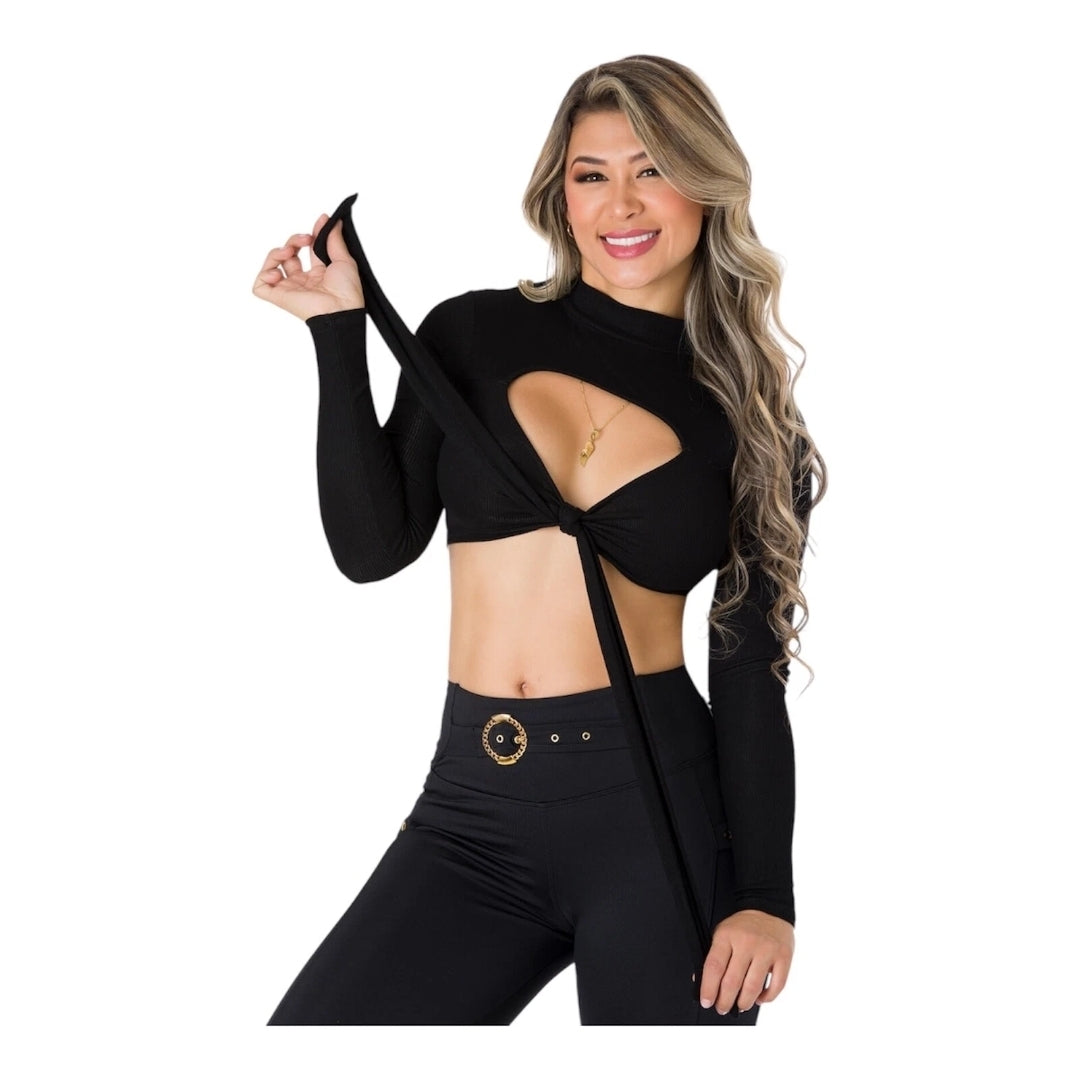 Blusa de manga larga (Negro) con cuello redondo